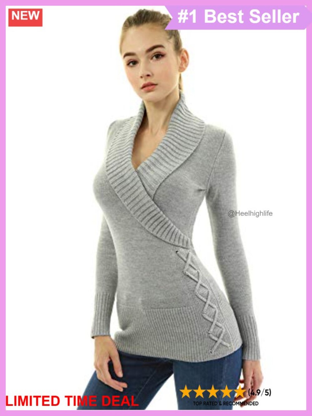 Slim Fit Shawl Collar Faux Wrap Lace Up Long Sleeve Acrylic Sweater Pullover